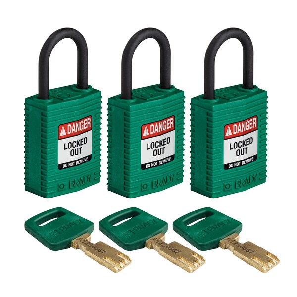 Brady Safekey Lockout Padlock Nylon Green 1.0" Pl - CPT-GRN-25PL-KA3PK