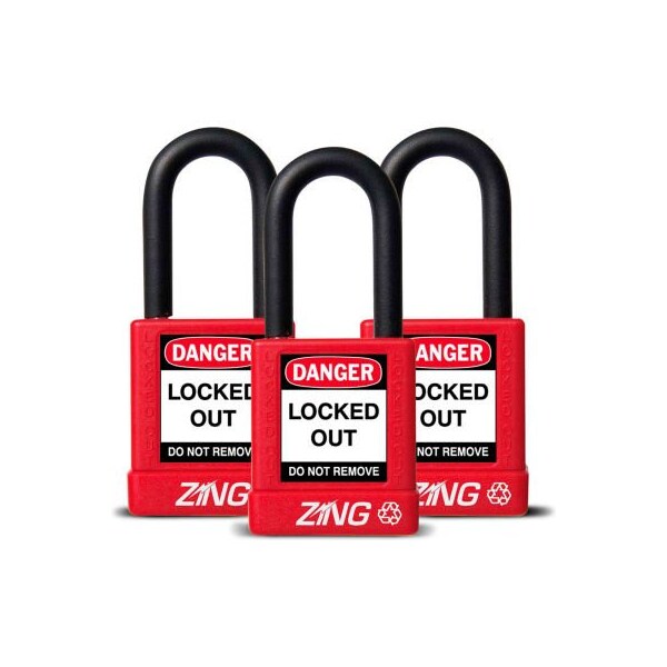 Zing ZING RecycLock Safety Padlock, Keyed Alike, 1-1/2" Shackle, 1-3/4" Body, Red, 3 Pack, 7062 - 7062