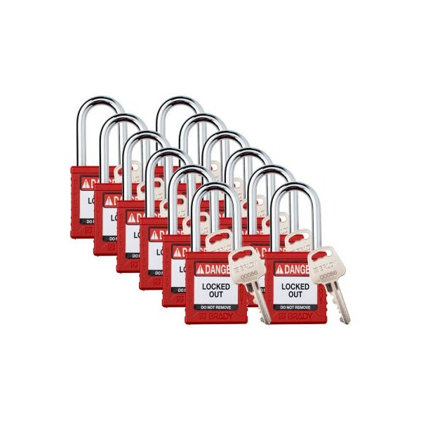 Brady Brady Safety Lockout Padlock, Keyed Different, 1-1/2in, Plastic/Steel, Red, 12/PK - SDPL-RED-38ST-KD12