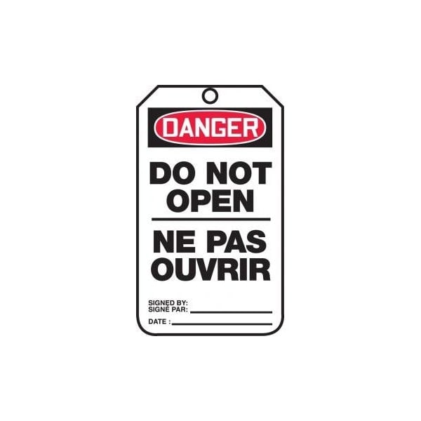 Accuform French Bilingual Safety Tags, DANGER DO NOT OPEN, 5.75in x 3.25in, PF-Cardstock, 25PK - TCF139CTP