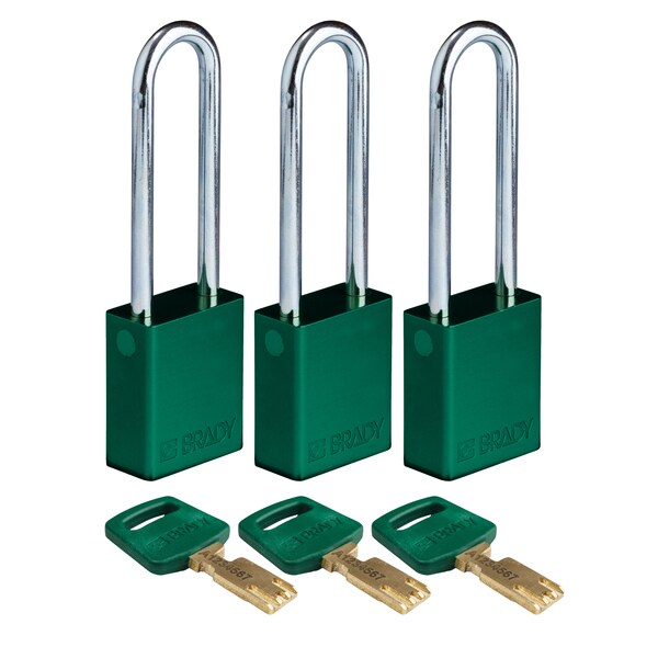 Brady Safekey Lockout Padlock Aluminum Green 3.0" - ALU-GRN-76ST-KA3PK