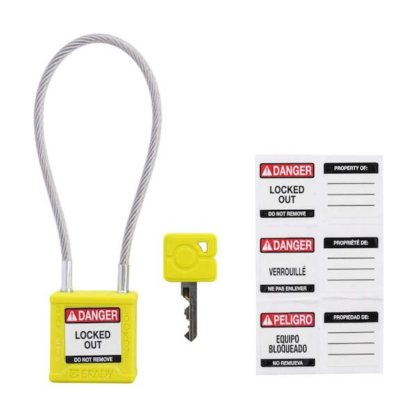 Brady Velocity 8in Compact Cable Lockout Padlocks Nylon 4in Shackle Clearance KA YL 6PK - CPPL-YLW-200CB-KA6