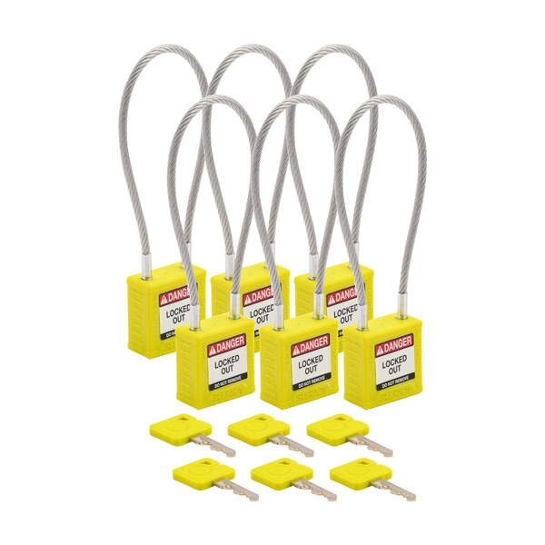 Brady Velocity 8in Compact Cable Lockout Padlocks Nylon 4in Shackle Clearance KA YL 6PK - CPPL-YLW-200CB-KA6