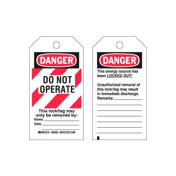 Brady Brady 65520 Lockout Tag- Danger Do Not Operate, 2 Sided, Heavy Duty Polyester, 25/Pack - 65520