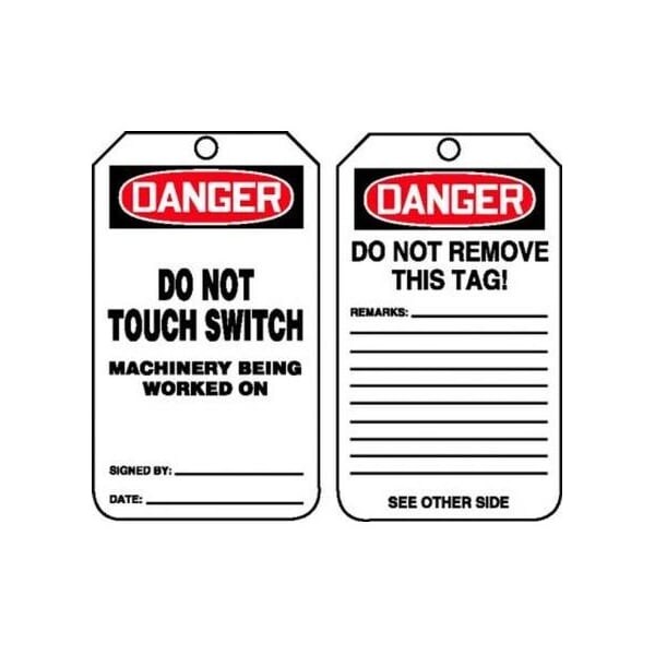 Accuform Safety Tags, DANGER DO NOT TOUCH SWITCH MACHINERY BEING WORKED ON, 5.75in x 3.25in, RP-Plastic, 5PK - MDT215PTM
