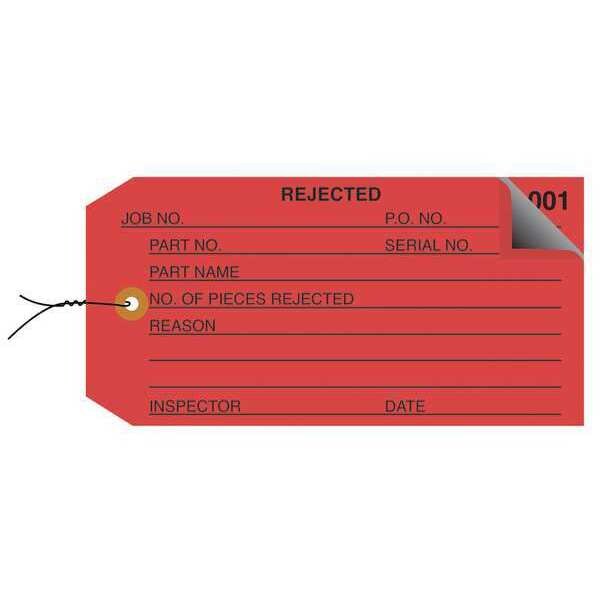 Partners Brand Inspection Tags, 2 Part, Numbered 001-499, Pre-Wired, "Rejected", 4 3/4" x 2 3/8", Red, 500/Case - G21023