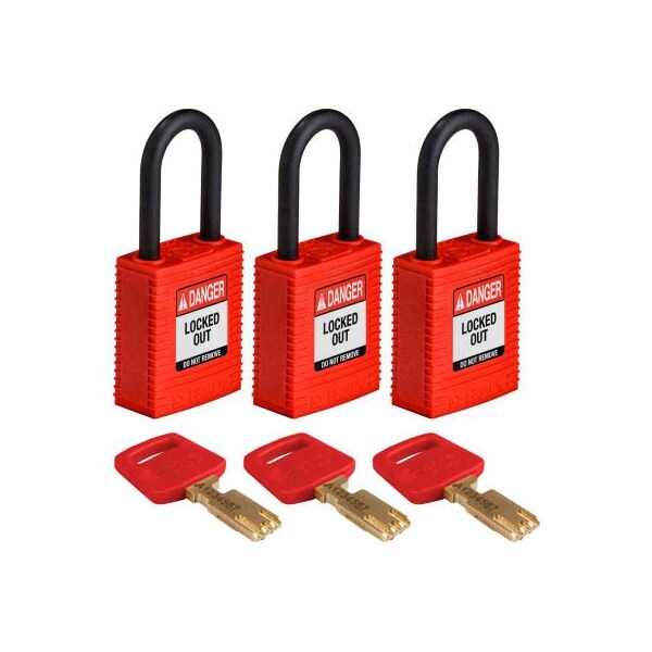 Brady Brady NYL-RED-38PL-KA3PK Brady SafeKey Lockout Padlock Nylon 1.5" Plastic Shackle Keyed Alike - NYL-RED-38PL-KA3PK