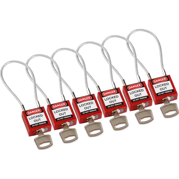 Brady Compact Nylon Padlock 4.2 in Steel Shackle KA Red with 7.87 in Cable 6PK - 146128