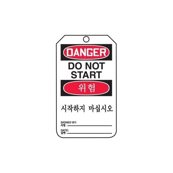 Accuform Safety Tags, DANGER DO NOT START BILINGUAL KOREAN, 5.75in x 3.25in, PF-Cardstock, 25PK - TMK177CTP