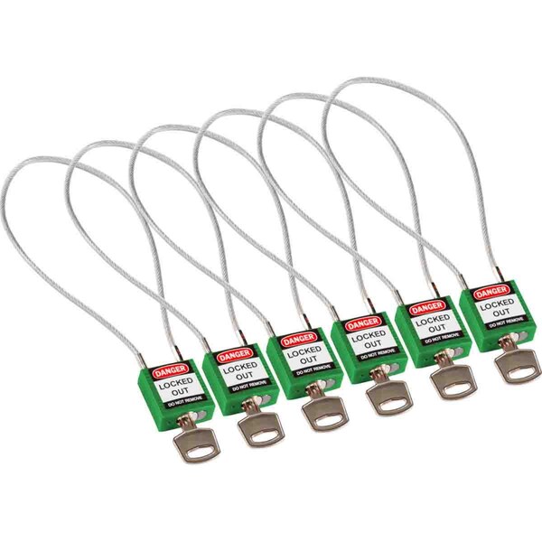 Brady Compact Nylon Padlock 8 in Steel Shackle KA Green with 15.75 in Cable 6PK - 146135