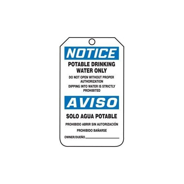 Accuform Bilingual Spanish Safety Tags, NOTICE POTABLE DRINKING WATER ONLY, 5.75inx3.25in, 25PK - SBMNT246CTP
