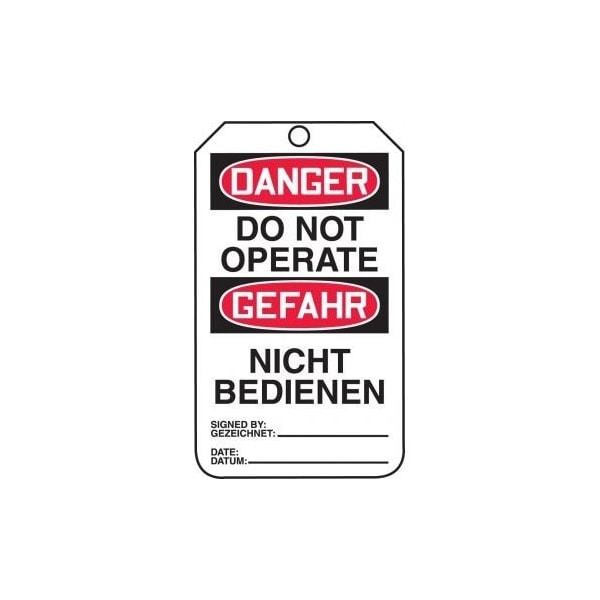 Accuform Safety Tags, DANGER DO NOT OPERATE BILINGUAL GERMAN, 5.75in x 3.25in, RP-Plastic, 25PK - TMG137PTP