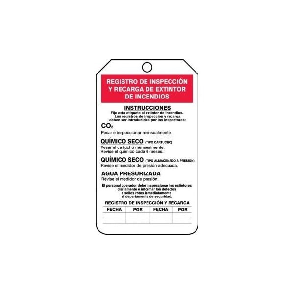 Accuform Spanish Safety Tags, FIRE EXTINGUISHER RECHARGE & INSPECTION, 5.75in x 3.25in, HS-Laminate, 25PK - SHMGT208LTP