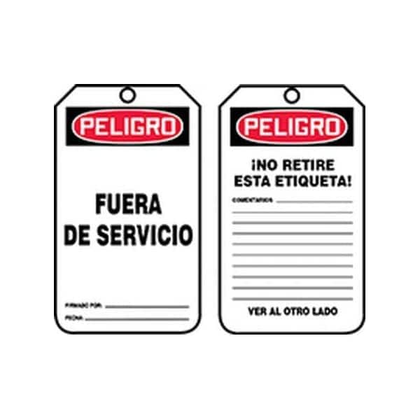 Accuform Spanish Safety Tags, DANGER OUT OF SERVICE, 5.75in x 3.25in, RP-Plastic, 25PK - SHMDT246PTP
