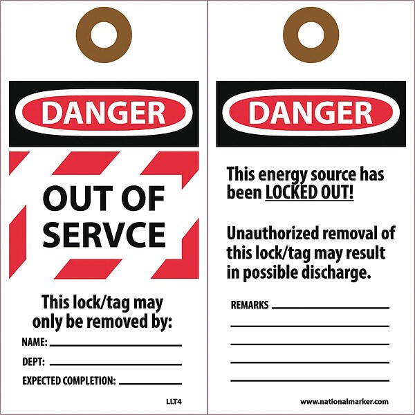 Nmc Laminated Out Of Service Lockout Tag, Pk25 - LLT4