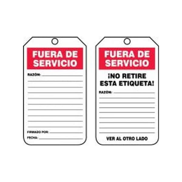 Accuform Spanish Safety Tags, OUT OF SERVICE, 5.75in x 3.25in, PF-Cardstock, 25PK - SHTRS243CTP