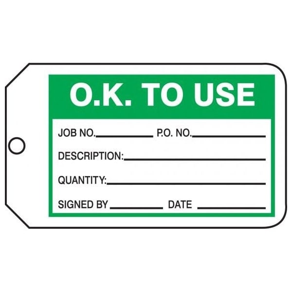 Accuform Safety Tags, O.K. TO USE, 5.75in x 3.25in, RP-Plastic, 25PK - MMT325PTP