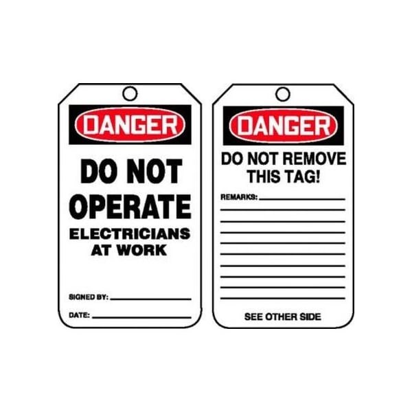 Accuform Safety Tags, DANGER DO NOT OPERATE ELECTRICIANS AT WORK, 5.75in x 3.25in, RP-Plastic, 5PK - MDT204PTM