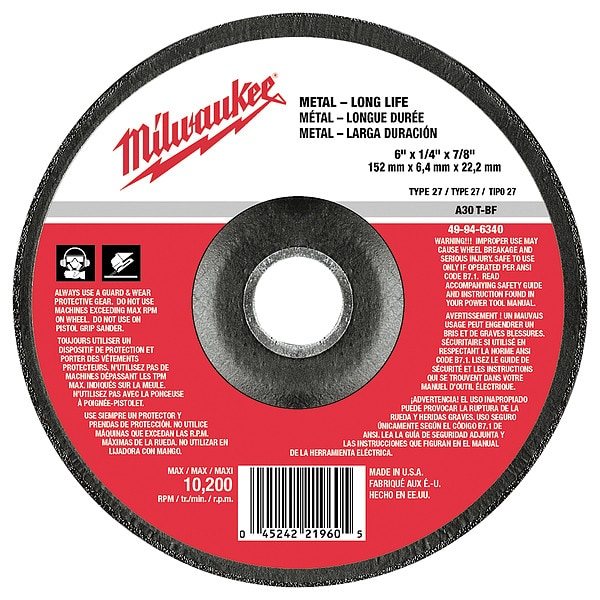 Milwaukee Tool 6" x 1/4" x 7/8" Grinding Wheel (Type 27) - 49-94-6340