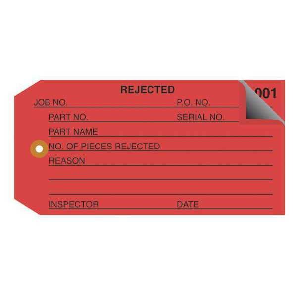 Partners Brand Inspection Tags, 2 Part, Numbered 001-499, "Rejected", 4 3/4" x 2 3/8", Red, 500/Case - G21021