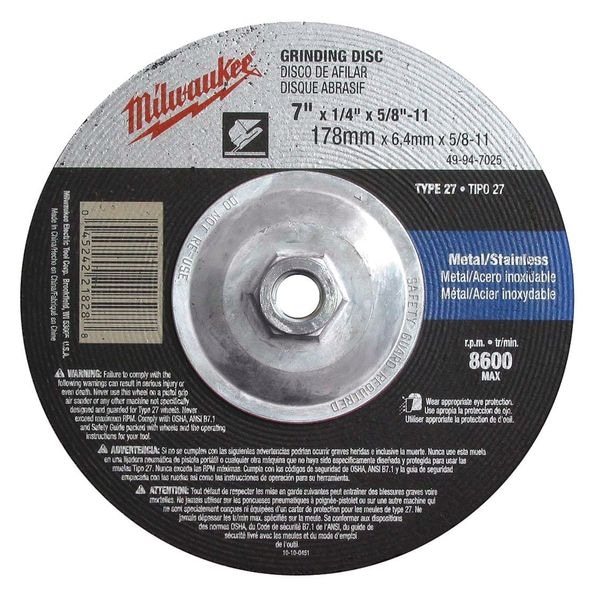 Milwaukee Tool 7" x 1/4" x 5/8-11" Grinding Wheel (Type 27) - 49-94-7025