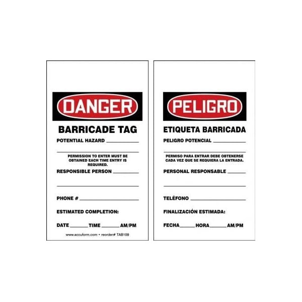 Accuform Bilingual Spanish Safety Tags, DANGER BARRICADE TAG, 5.75in x 3.25in, PF-Cardstock, 25PK - TAB109CTP