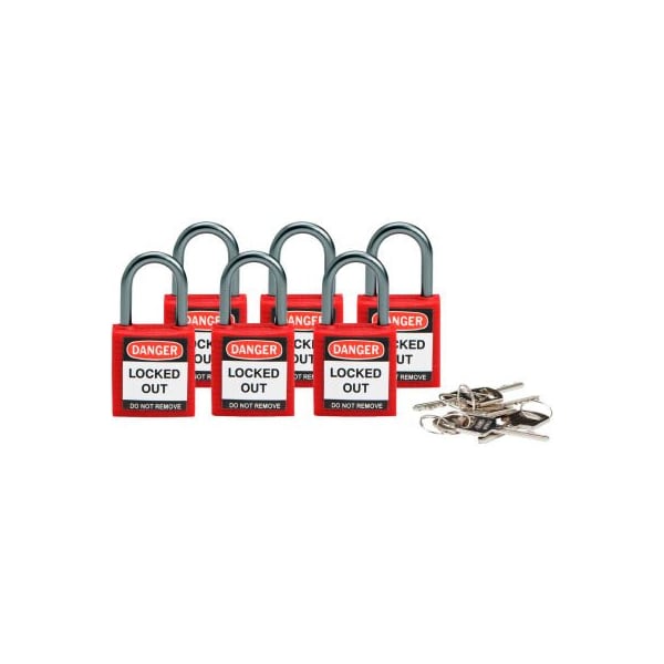 Brady Brady Compact Safety Padlock W/ Label, Aluminum Shackle, Red, 6/Pack - 118926