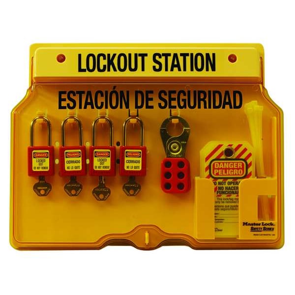 Master Lock Lockout Station, 18 Components Included, Holds (4) Keyed Different Padlocks, English/Spanish, Yellow - 1482BP410ES