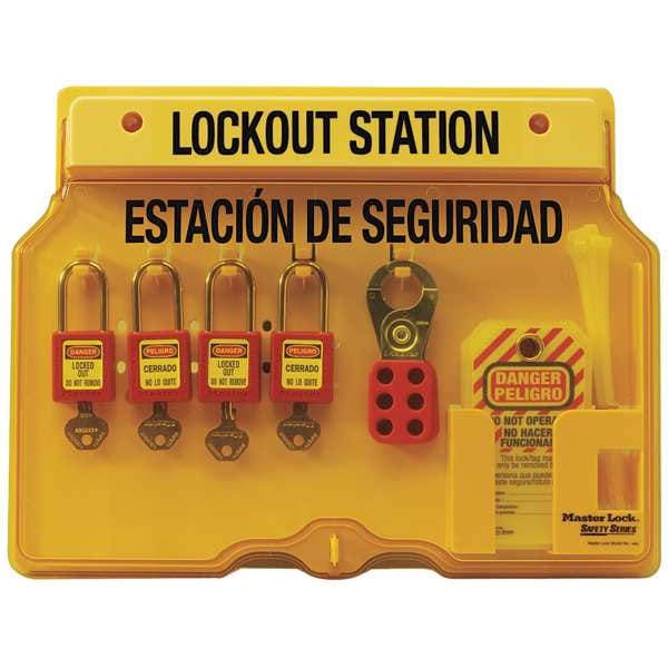 Master Lock Lockout Station, 18 Components Included, Holds (4) Keyed Different Padlocks, English/Spanish, Yellow - 1482BP410ES