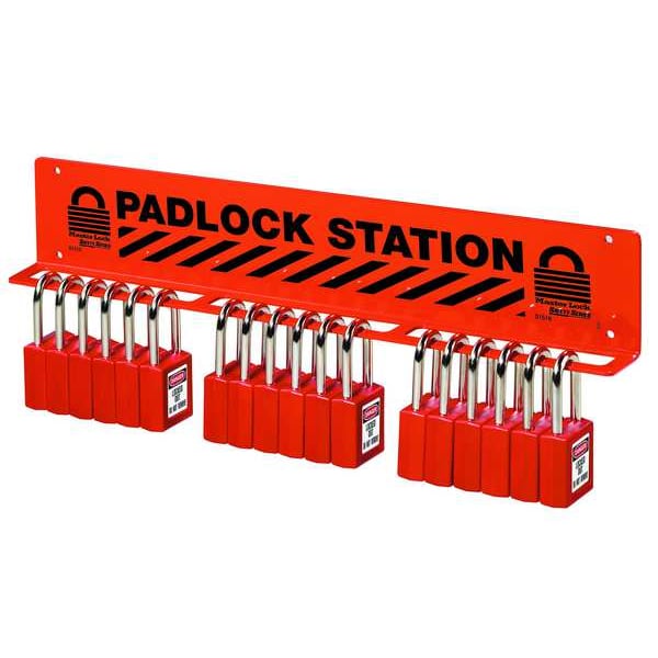 Master Lock Padlock Station, Unfilled, Holds 18 Padlocks, 3 in H x 17.5 in W, English/French/Spanish, Red - S1518