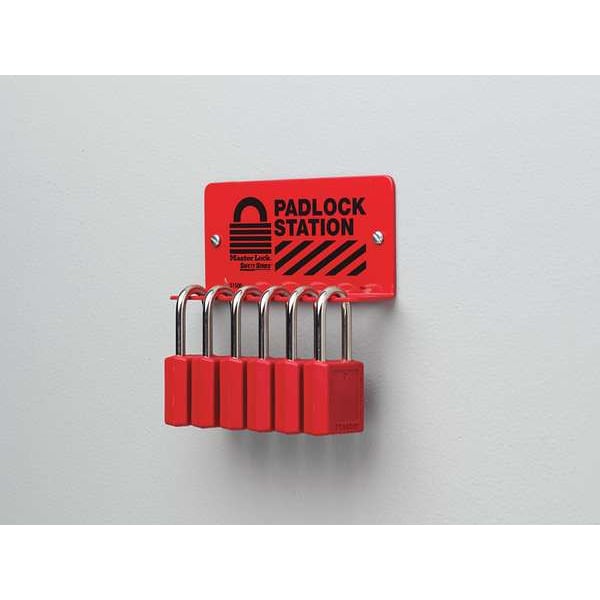 Master Lock Padlock Station, Unfilled, Holds 18 Padlocks, 3 in H x 17.5 in W, English/French/Spanish, Red - S1518