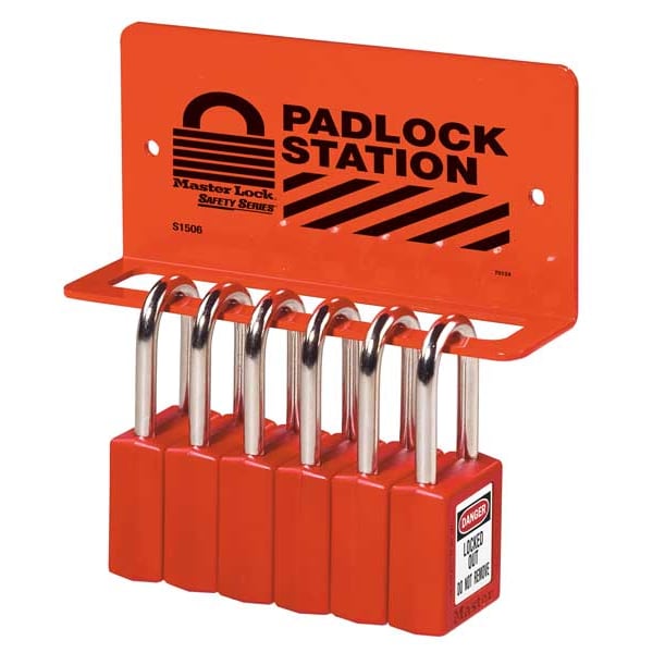 Master Lock Padlock Station, Unfilled, Holds 18 Padlocks, 3 in H x 17.5 in W, English/French/Spanish, Red - S1518