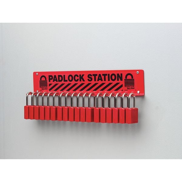 Master Lock Padlock Station, Unfilled, Holds 18 Padlocks, 3 in H x 17.5 in W, English/French/Spanish, Red - S1518
