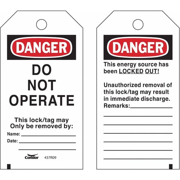 Condor Lockout Tag, Danger, Polyester, 3 in Width, 5 3/4 in Height, Write On Surface: Yes , 25 PK - CNDR-51511-6