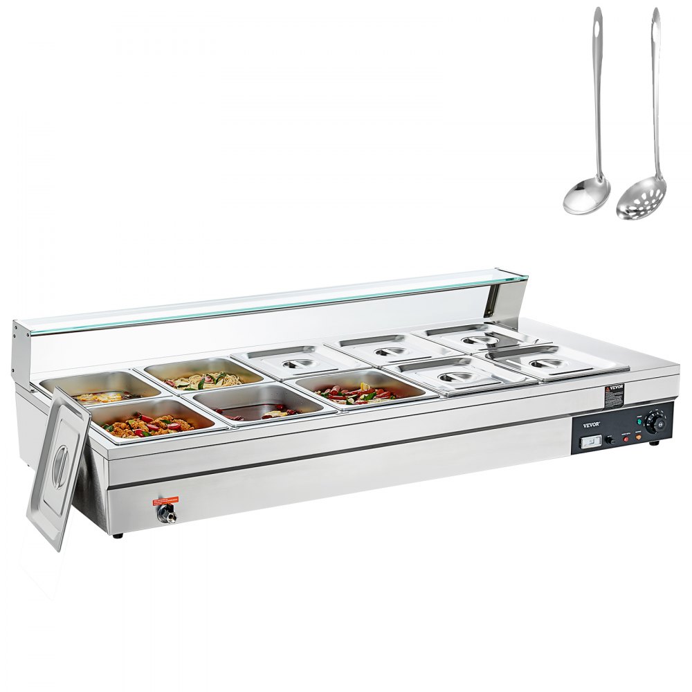 VEVOR 10-Pan Commercial Food Warmer, 10 x 12QT Electric Steam Table with Tempered Glass Cover, 1800W Countertop Stainless Steel Buffet Bain Marie 86-185°F Temp Control for Catering, Restaurant, Silver - BLZBWTCG1012QPBW2V1