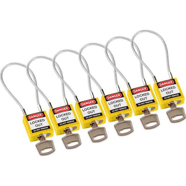Brady Compact Nylon Padlock 4.2 in Steel Shackle KA Yellow with 7.87 in Cable 6PK - 146129