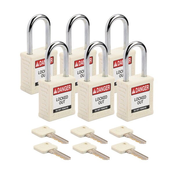 Brady Velocity Lockout Padlocks Nylon 1.5in Shackle Clearance KA White 6PK - SDPL-WHT-38ST-KA6