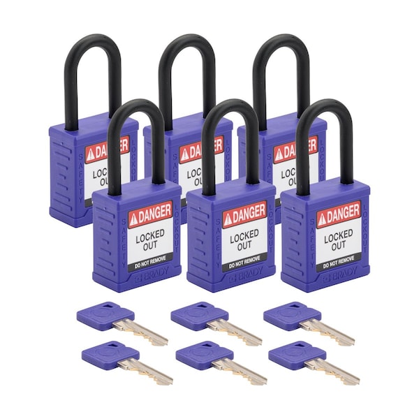Brady Velocity Lockout Padlocks Nylon 1.5in Clearance KA Plastic Shackle Purple 6PK - SDPL-PRP-38PL-KA6