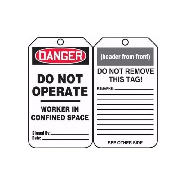 Accuform Safety Tags, DANGER DO NOT OPERATE WORKER IN CONFINED SPACE, 5.75in x 3.25in, RP-Plastic, 5PK - TCS342PTM