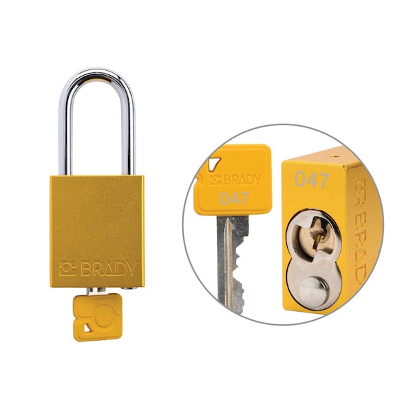 Brady Keyed Alike Padlock Unique Set Aluminum Ylw 1.5 in Steel Shackle Keycode 47 - SDAL-YLW-38ST-047