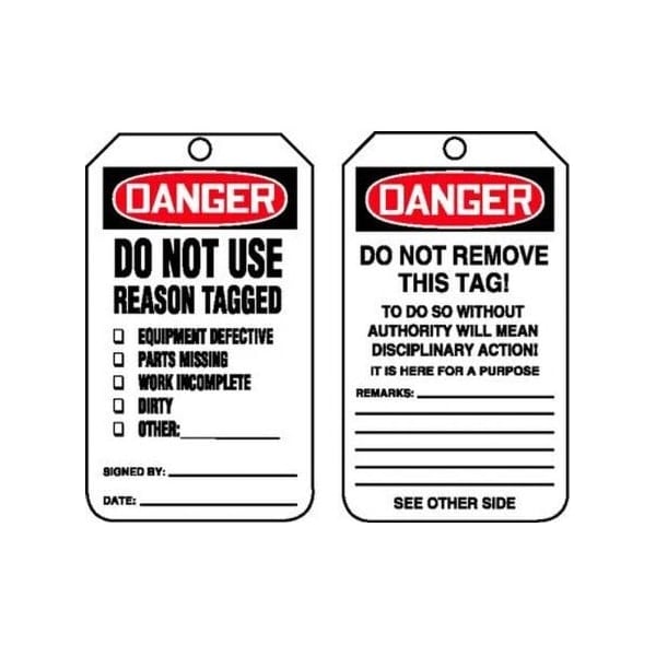 Accuform Safety Tags, DANGER DO NOT USE REASON TAGGED, 5.75in x 3.25in, HS-Laminate, 5PK - MDT184LTM