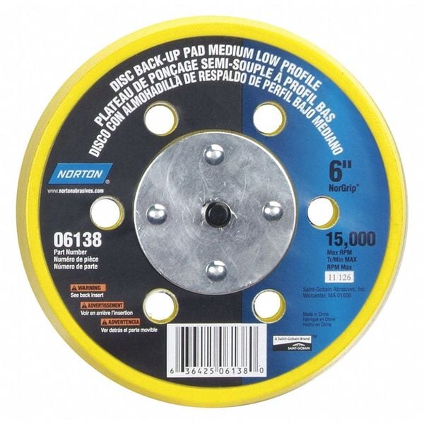 Norton Abrasives Disc Backup Pad, 6" dia., 15,000 rpm - 63642506138