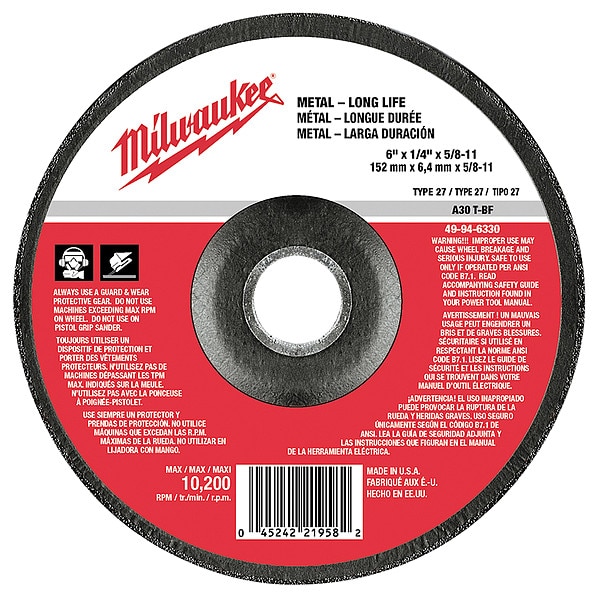 Milwaukee Tool 6" x 1/4" x 5/8-11" Grinding Wheel (Type 27) - 49-94-6330