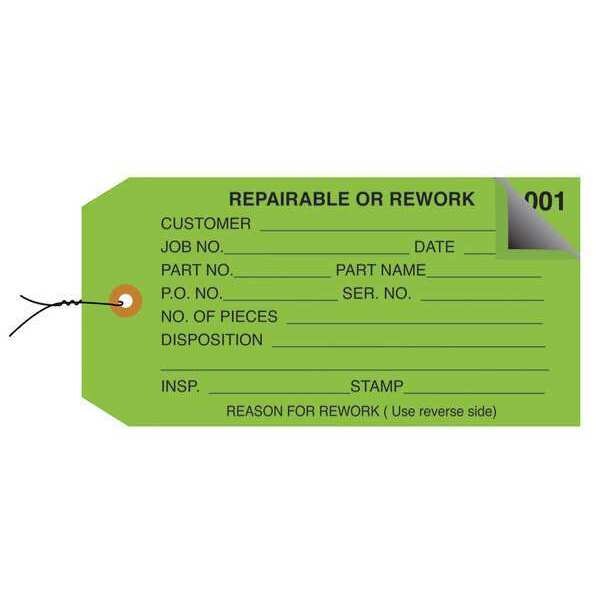 Partners Brand Inspection Tags, 2 Part, Numbered 001-499, Pre-Wired, "Repairable or Rework", 4 3/4" x 2 3/8", Green, 500/Case - G21033