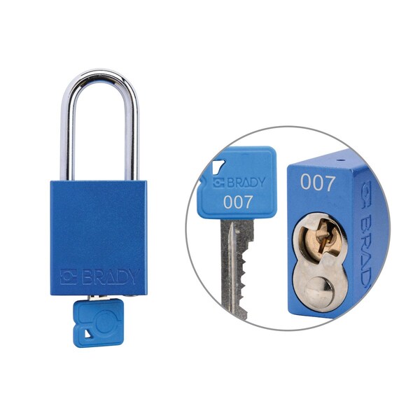 Brady Keyed Alike Padlock Unique Set Aluminum Blu 1.5 in Steel Shackle Keycode 7 - SDAL-BLU-38ST-007