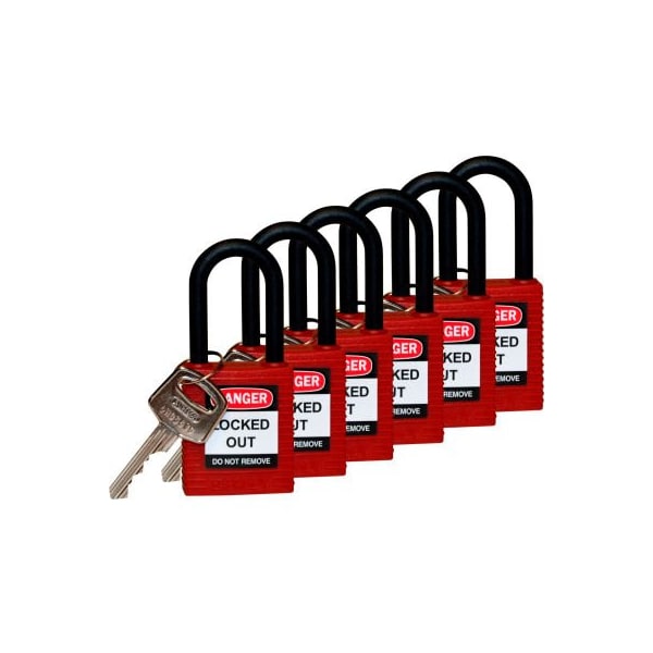 Brady Brady 123351 Safety Padlock With Label, Keyed Differently, Nylon Shackle, Nylon, Red, 6/Pack - 123351