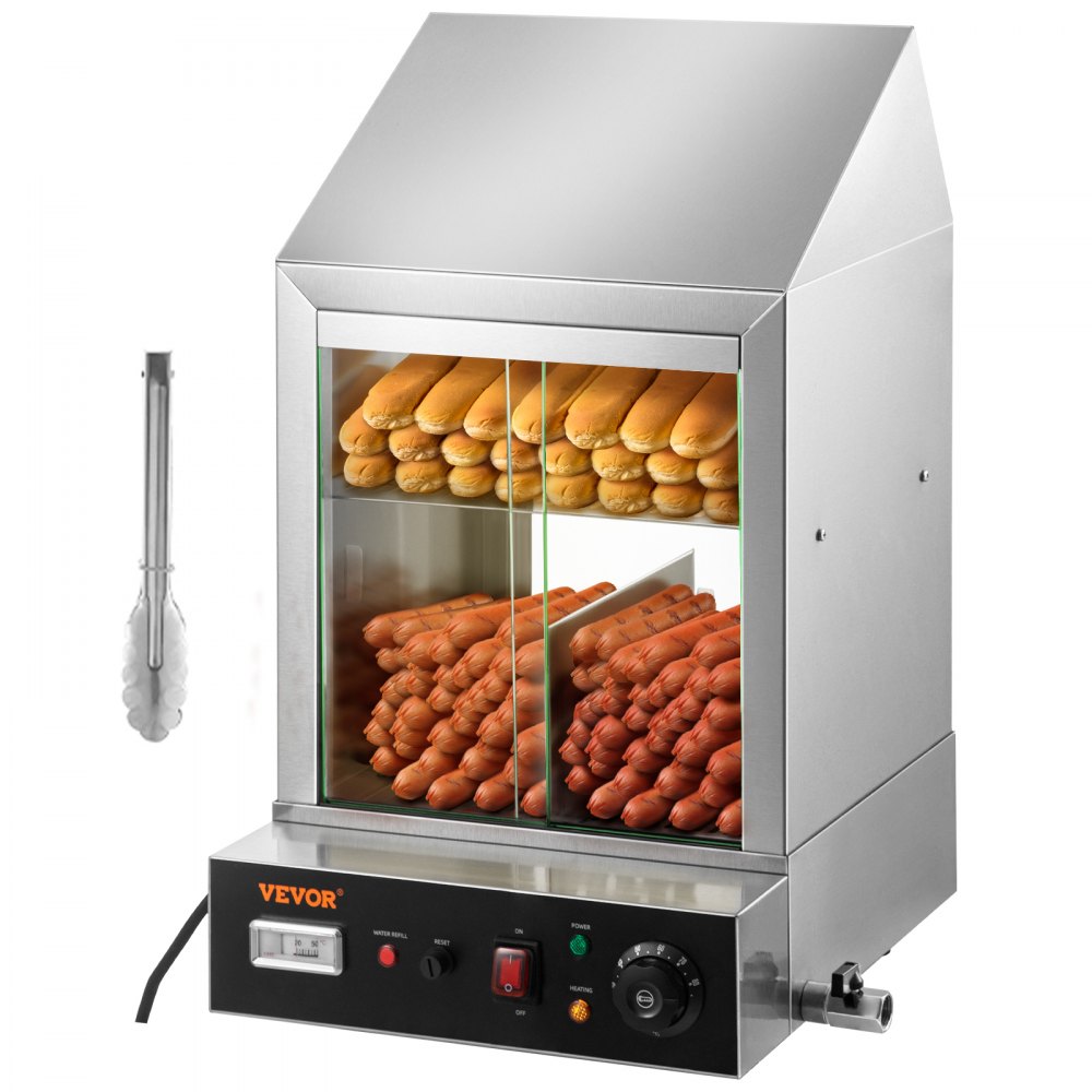 VEVOR 1200W Commercial Hot Dog Steamer 2 Tier Electric Bun Warmer w/ Slide Doors - SPBWJCYBXGGHB49RZV1