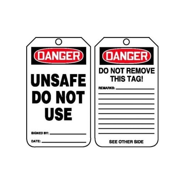 Accuform Safety Tags, DANGER UNSAFE DO NOT USE, 5.75in x 3.25in, RP-Plastic, 25PK - MDT191PTP