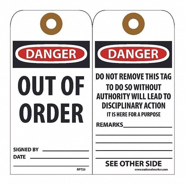 Nmc Danger Out Of Order Tag, Pk25 - RPT25G