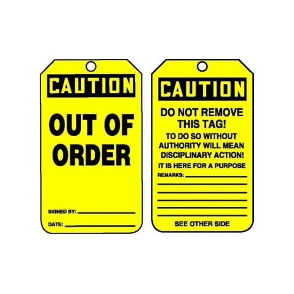 Accuform Safety Tags, CAUTION OUT OF ORDER, 5.75in x 3.25in, HS-Laminate, 5PK - MDT608LTM